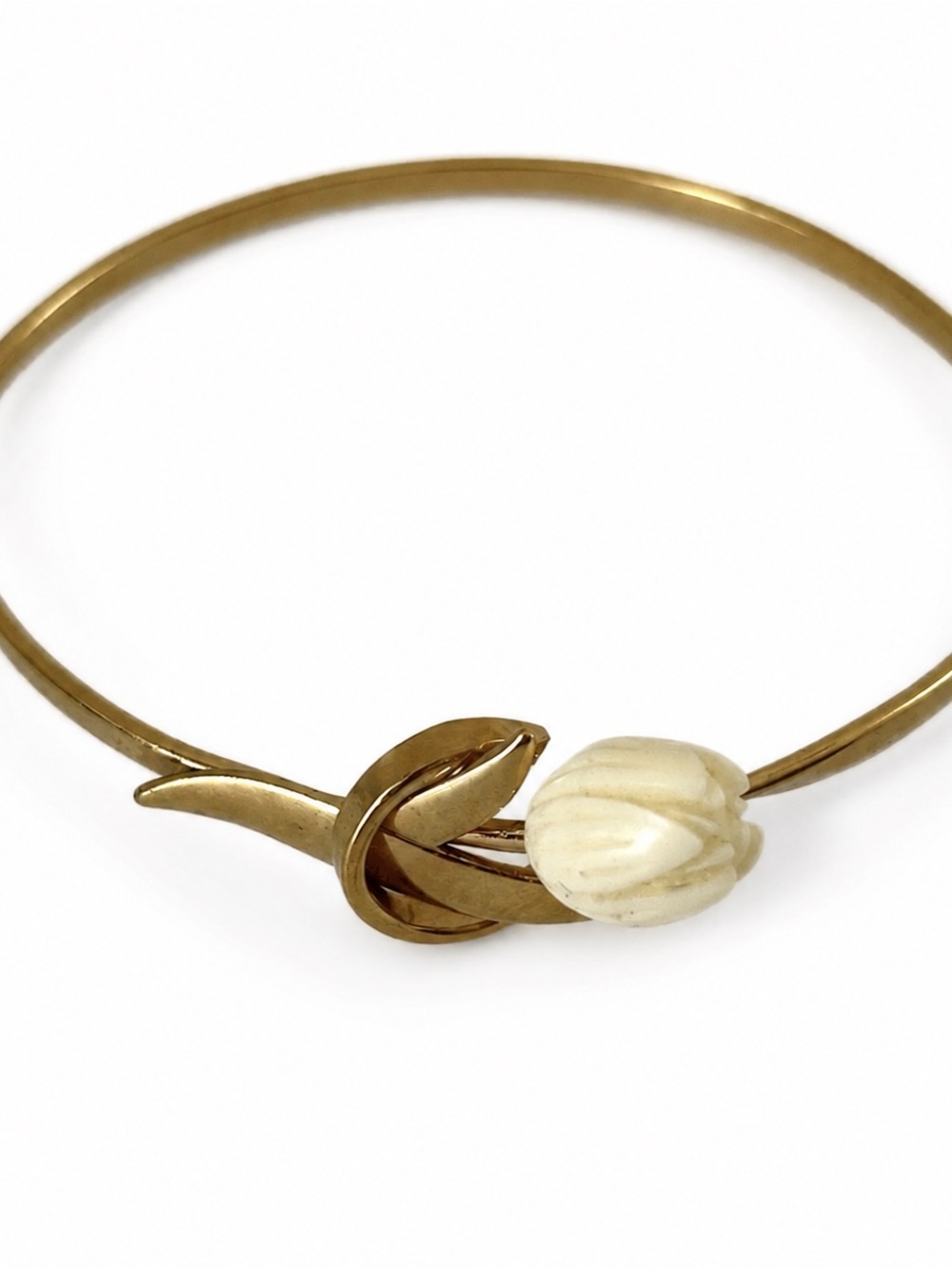 Vintage Avon Bracelet Classic Gold-Tone Bangle Jewelry Cream Tulip Floral Accent